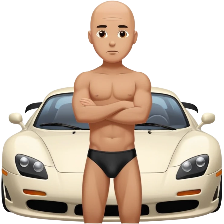 Bald Man in speedo in front of sports car  making a serious face emoji