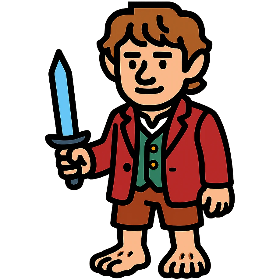Whole body image of bilbo baggins from the hobbit movie in pixel art style. Bilbo is younger. Make Bilbo look like the actor that portrayed him in the movie, Martin Freeman. Bilbo is wearing the same red jacket, green vest, white undershirt, brown leather short pants, and hairy hobbit feet. He is holding a short sword that is glowing with a blue hue.  emoji