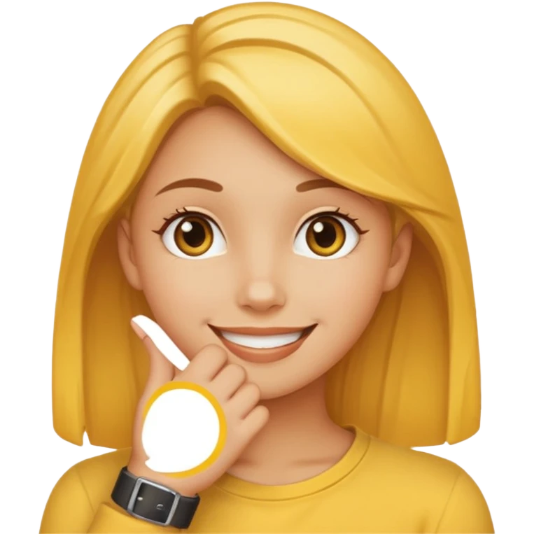 yellow smiling face girl with one hand under chin emoji