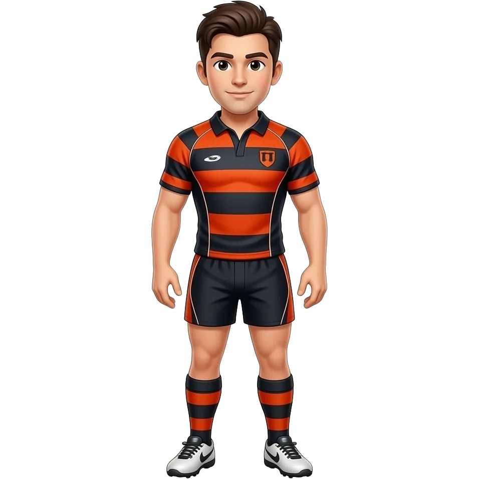 rugby player in orange red black dress emoji