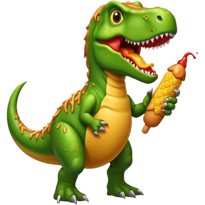 Green T-Rex holding a corn dog with ketchup  emoji