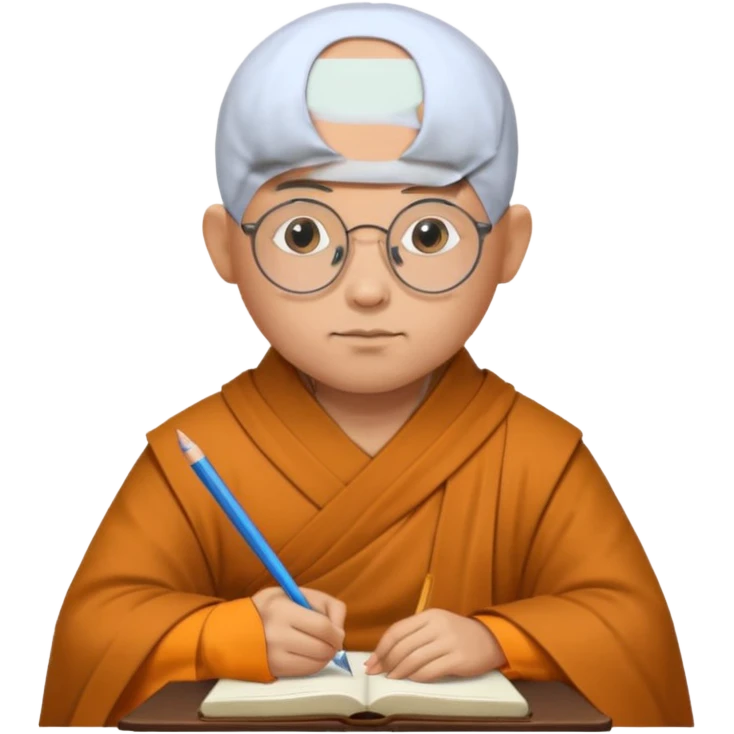 A bald scholar monk with round glasses, writing notes with quiet concentration.
 emoji