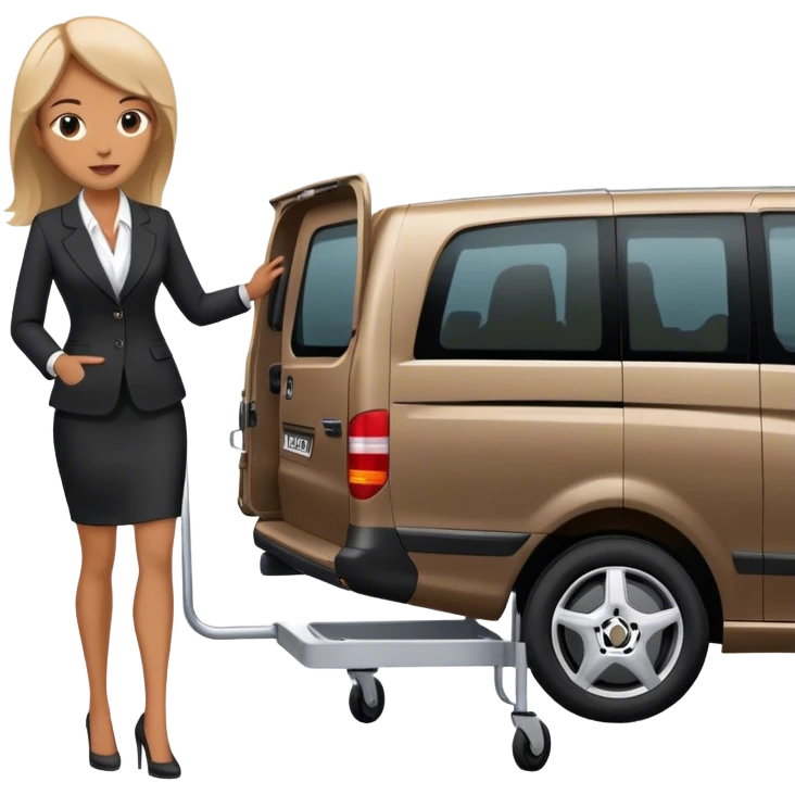 Woman in suit pushing a stretcher in to a black Mercedes Vito van emoji