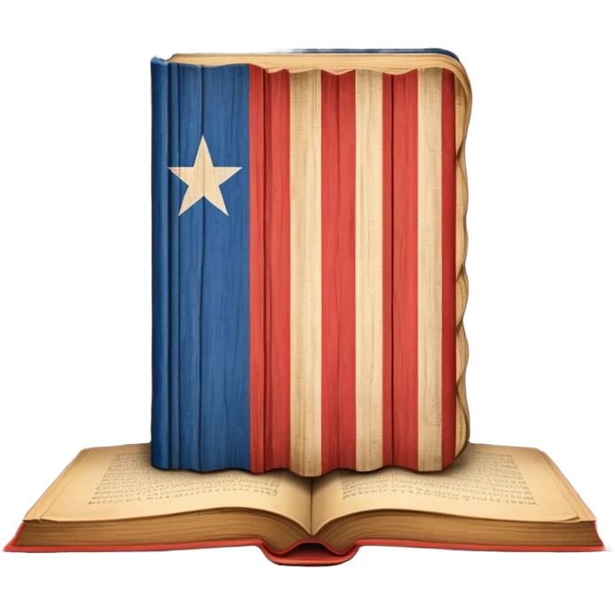 Ancient book with Puerto Rican flag subtly integrated on cover, carved wooden theater curtains symbol, warm vintage textures, soft glow representing timelessness and theatrical design heritage emoji