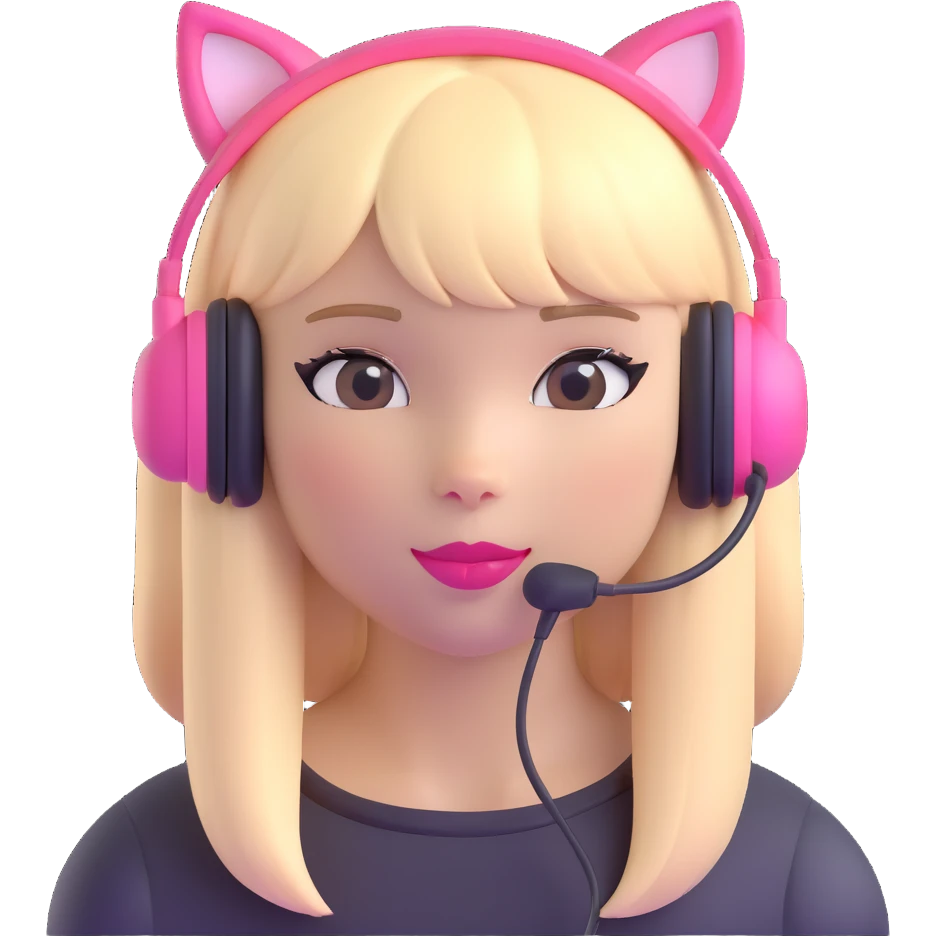 sassy blond girl with straight hair, short bangs, pink kitty-ear headset, pink lips emoji