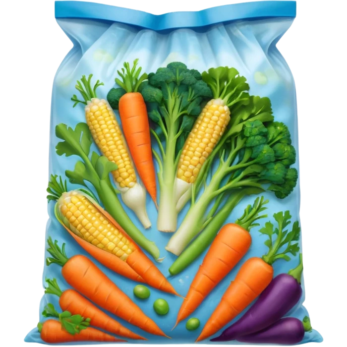 A colorful plastic bag filled with mixed vegetables — peas, carrots, corn, and broccoli — sealed and lightly frosted. Tnutrition facts, and vibrant vegetable images. Displayed in a grocery store freezer with cool white lighting and condensation on the glass door. emoji