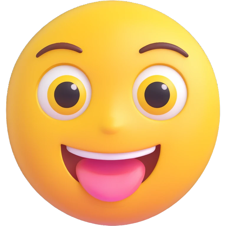 cute 3D cartoon emoji of a happy yellow face, big glossy eyes, open mouth smiling, shiny surface, slight blush on cheeks, isolated on transparent background emoji