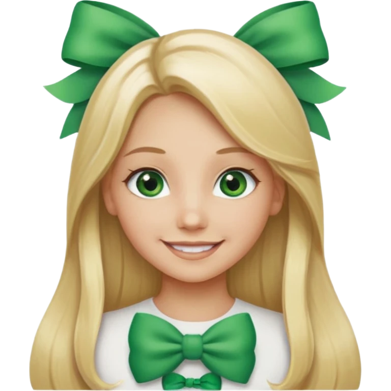 blonde girl long hair middle part, green eyes,at with a bow with text saying "engoy" emoji
