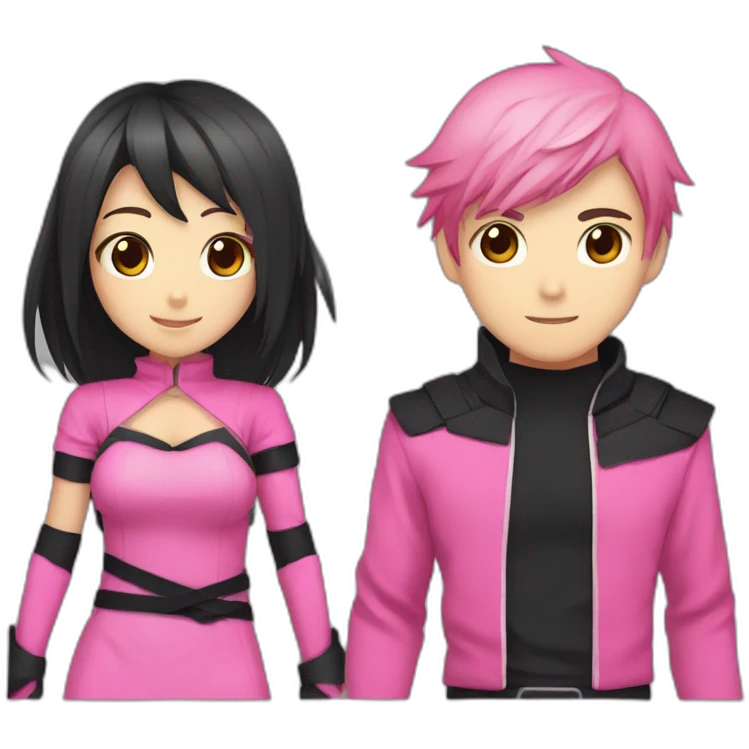 cute anime girl with pink ninja clothing and a pretty face along side a man ninja with black clothing and holding hands emoji