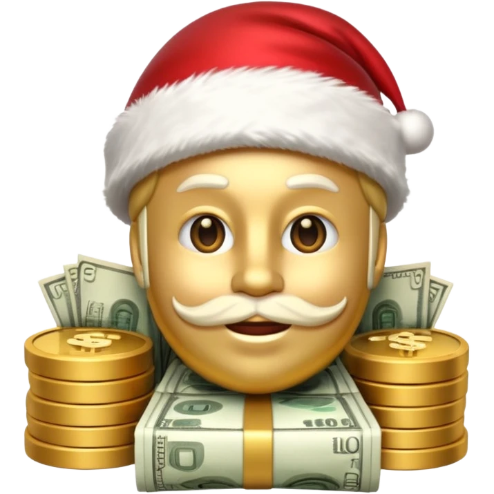 A confident rich emoji face wearing a Santa hat, money stacks, casino vibe, New Year theme, premium 3D emoji style, sharp details, no text, isolated on transparent background emoji