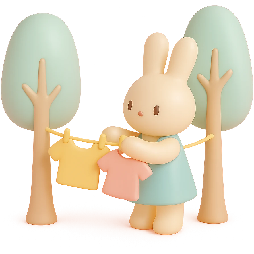 bunny hanging laundry between trees, calming domestic forest feel, soft pastel colors emoji