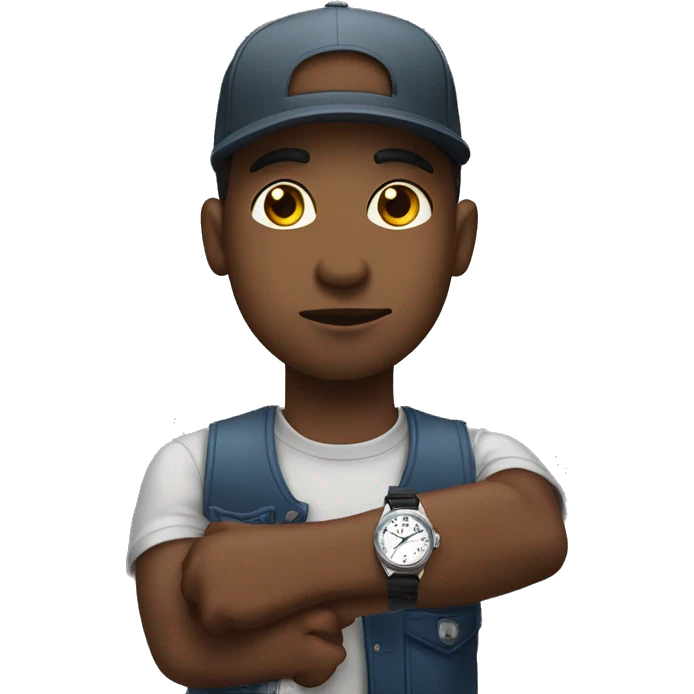Young Black man with backwards fitted cap on rolling eyes holding wrist up checking watch emoji