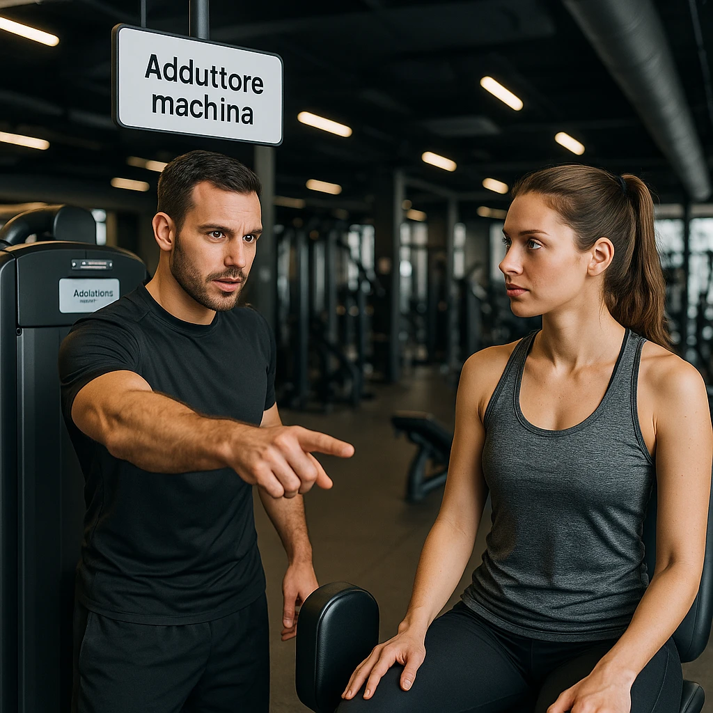 realistic scene of a personal trainer in a modern gym decisively pointing to the adductor machine to a client in sportswear, confident and professional expression, attentive client, motivational atmosphere, detailed, Italian sign 'Adductor machine', equipped gym background, 4K quality emoji