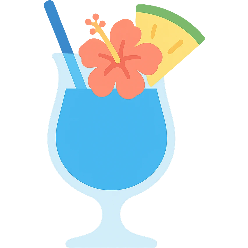 blue tropical cocktail with hibiscus and pineapple garnish emoji