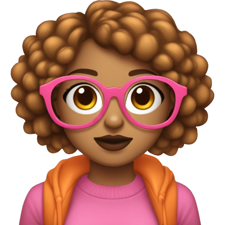 Chica joven con pelo corto de color castaño, con gafas redondas con borde dorado. Pecas en las mejillas y labios gorditos color rosa. Tiene un perro color negro y naranja emoji