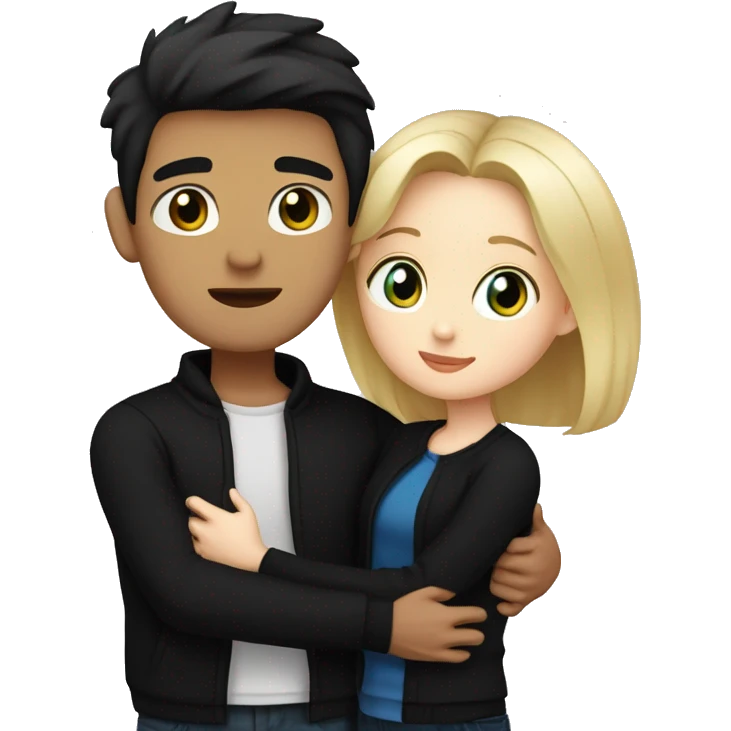 Blonde girl with blue eyes in black sweater and an east asian man with black hair and black eyes hugging emoji