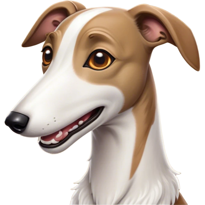 Cinematic Comical White and Brown Greyhound Portrait Emoji, Head tilted dramatically with an exaggeratedly amused expression, featuring a striking white Fur with dynamic brown accents, wide, expressive eyes filled with playful disbelief, Simplified yet hilariously expressive features, highly detailed, glowing with a slightly sassy glow, high shine, dramatic yet playful, stylized with an air of cheeky mischief, bright and endearing, soft glowing outline, capturing the essence of a spirited and over-the-top racer, so meme-worthy it feels like it could side-eye its way into internet fame instantly! emoji