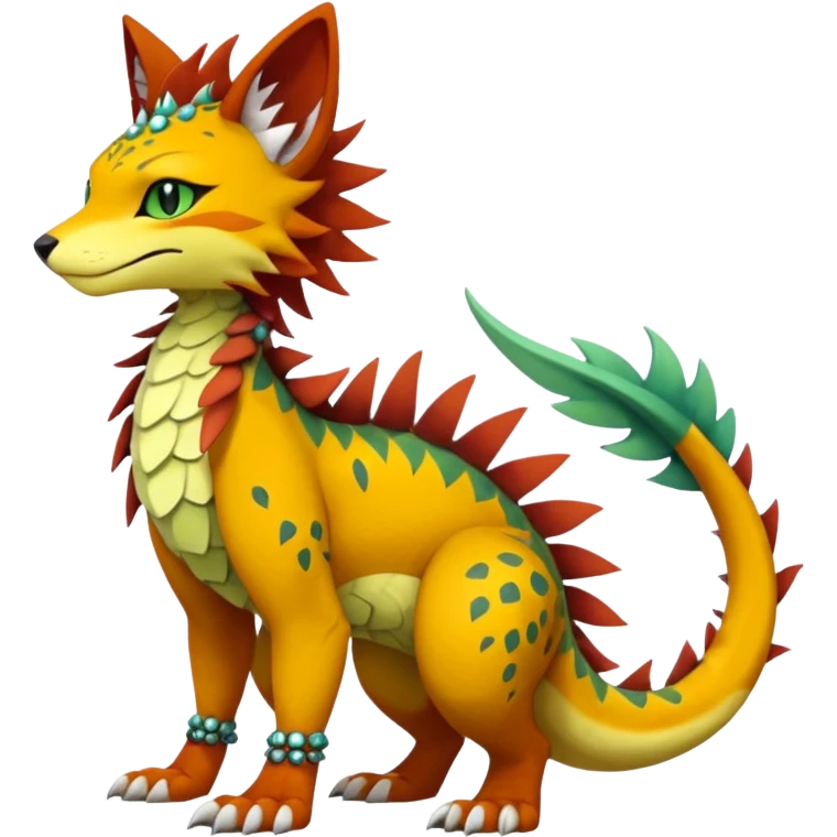 Kawaii cute reddish orangish yellowish greenish exotic tribal beautiful pretty elegant divine edgy feline-vernid-sergal-Fakémon-Pokémon-Digimon-fursona-animal-creature with accessories, jewelries, full body, with intricate detailed markings, furs, fins, scales, spiny emoji
