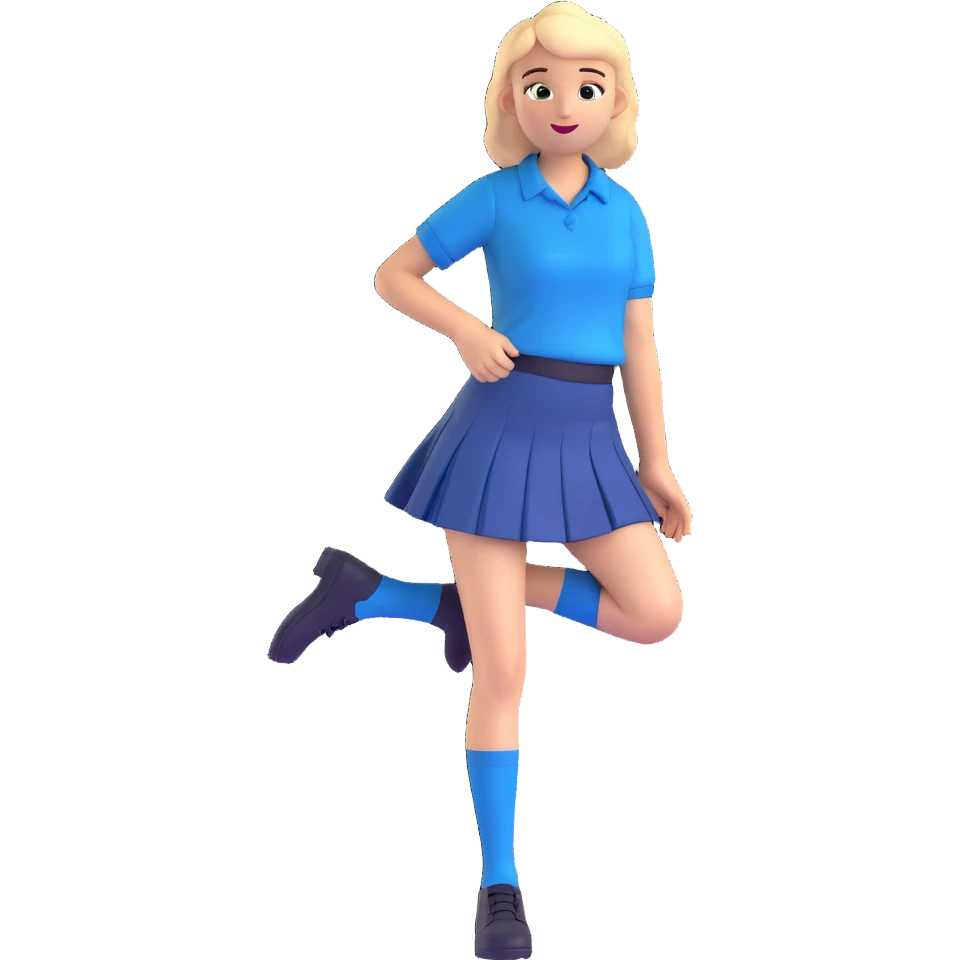 blue school skirt, knees showing, playful and bold, all-girls private school, no text emoji