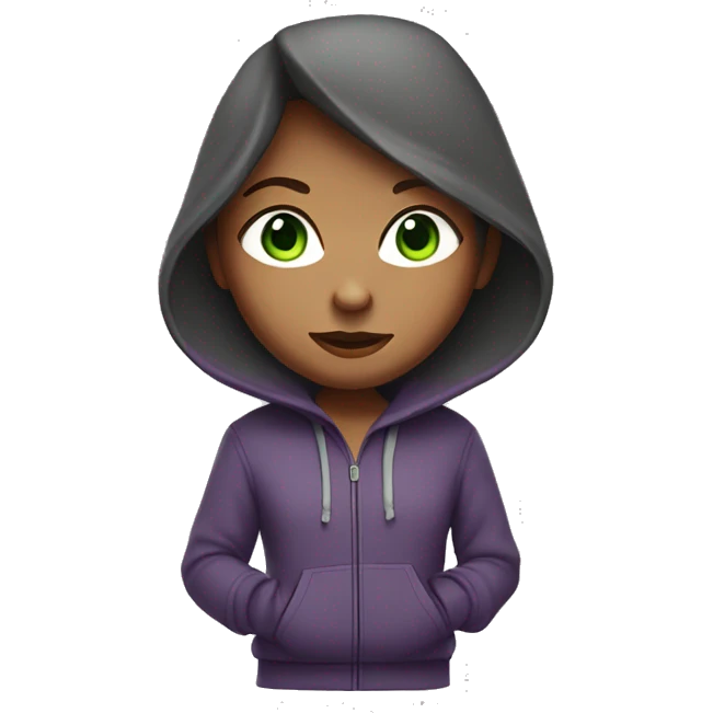 girl with shoulder length hair in a dark purple-red colour with green eyes wearing a grey hoodie  emoji