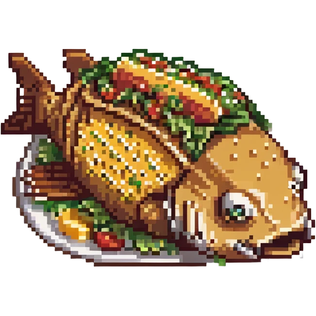 a cyborg robotic carp who's body is made from a filled crunchy taco, with lettuce salsa meat and cheese. he is fish taco bot man emoji