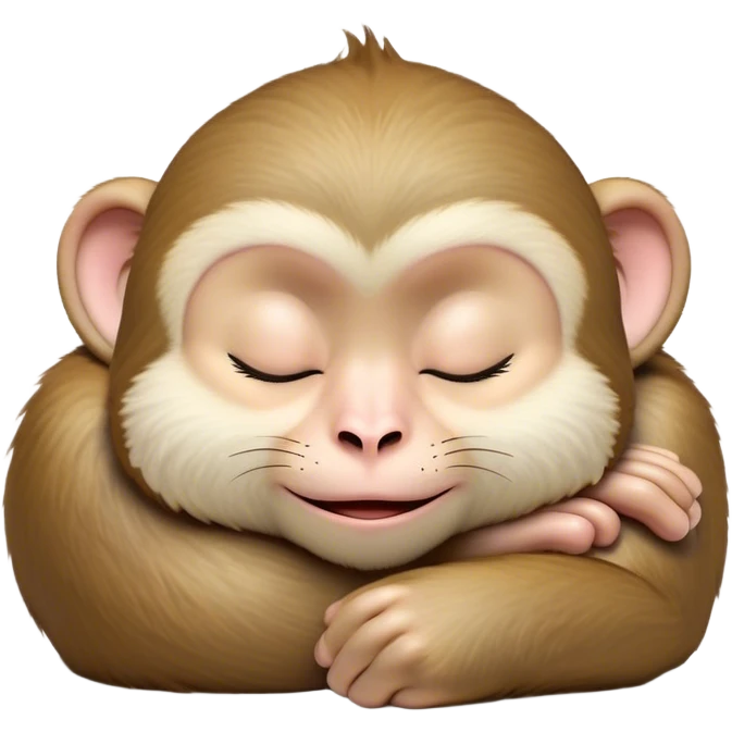 Meme-Worthy cute Sleeping Macaque Portrait Emoji, Head resting peacefully with a contented smile, showcasing soft, downy fur and eyes gently closed in serene slumber, Simplified yet comically adorable features, highly detailed, glowing with a soft, drowsy glow, high shine, relaxed and utterly lovable, stylized with an air of playful laziness, bright and heartwarming, soft glowing outline, capturing the essence of a sleeping macaque that feels destined to become the next viral icon of adorable rest! emoji