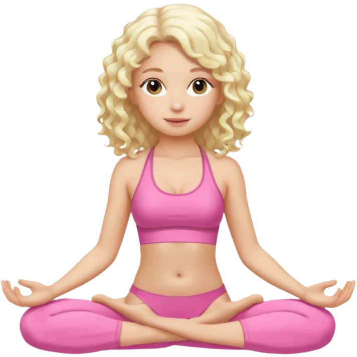a blond girl sitting in yoga pose in the pink swimwear with white long curly hair emoji