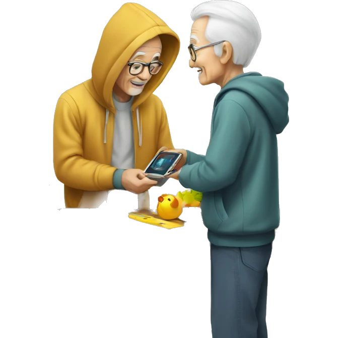 Young man with hoodie helping old man to learn how to use artificial intelligence  emoji