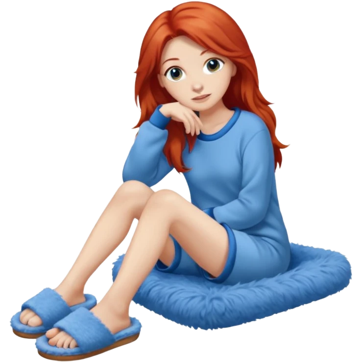young woman with long red hear wearing comfy lounging outfit, wearing blue fuzzy slippers emoji