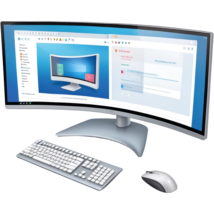 Create an emoji for UX/UI design. Show  large curved monitor displaying windows with UX/UI design interface. Include a mouse, keyboard, and stylus next to the screens. Use modern, professional colors. Do not include any emojis or smiley faces. Make the background transparent. emoji
