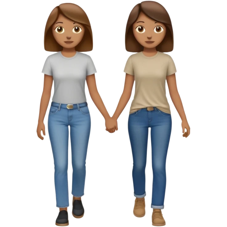 based on emoji style, two people walking together, They are not holding hands. one is brown-haired woman, wearing a shirt,  Another one is a non-binary person, wearing t shirt and jeans, and the second person doesn't have anything on their hands.  emoji
