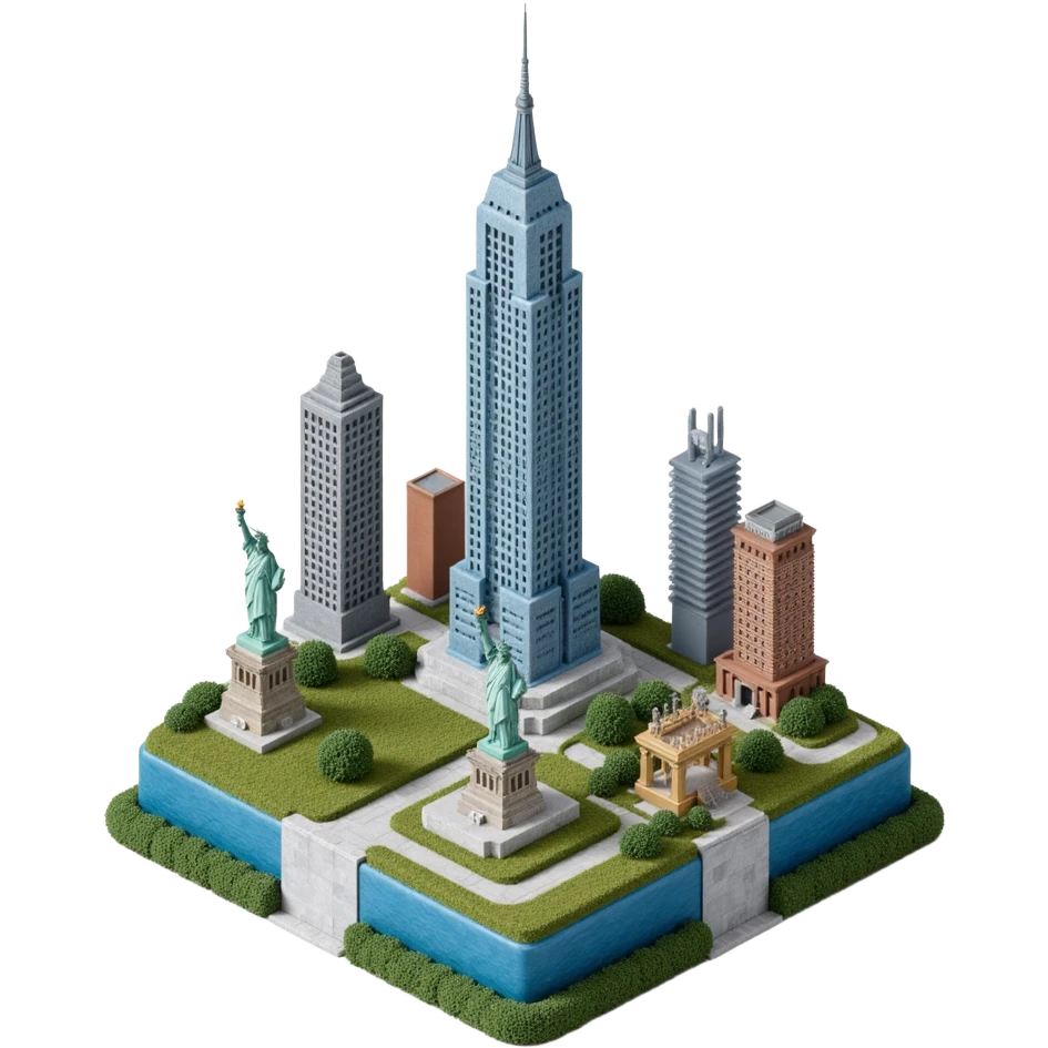 Photorealistic Isometric miniature of New York Сity Empire State Building, Chrysler Building, One World Trade Center, Statue of Liberty, Brooklyn Bridge and another skyscarappers emoji