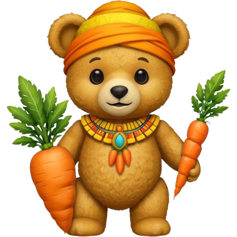 teddy bear half body, wearing yellow mayan ancient custome, with carrot half body emoji
