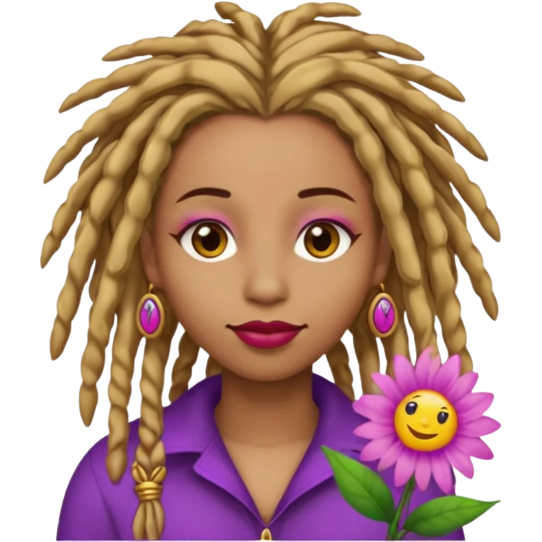 Gold dread locs pink emoji face purple flower in the hair red lipstick light brown face   emoji