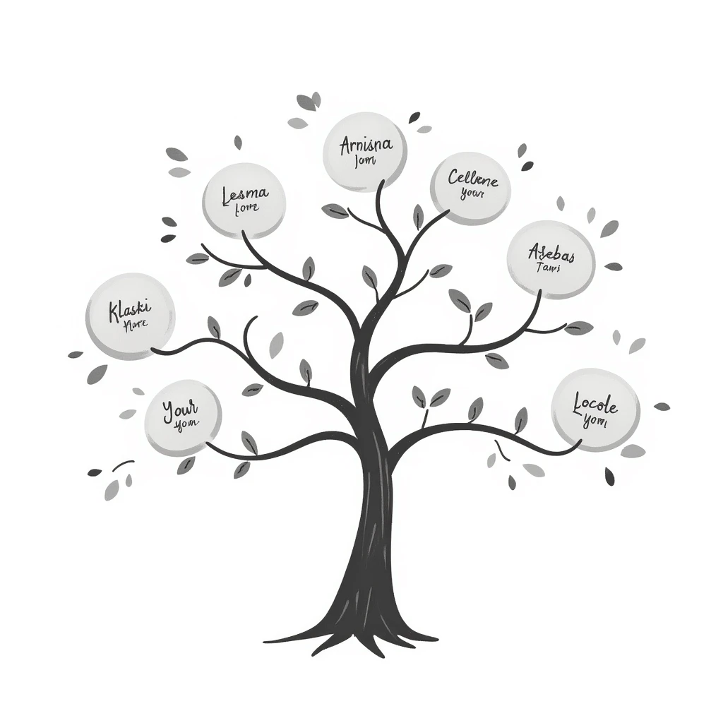 Hand-drawn ethereal family tree with delicate flowing lines connecting ancestor circles, dreamy watercolor-like effects emoji