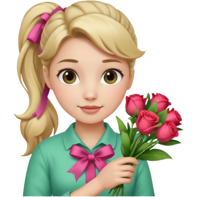 Young female florist – ponytail, holding a bouquet with ribbon emoji