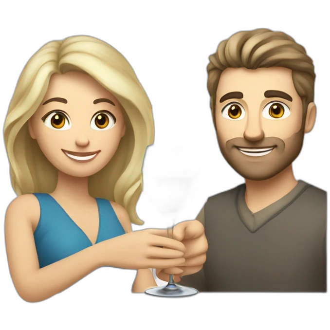 caucasian woman with brown eyes and blond medium long hair and a caucasian man with blue eyes and grey hair, toasting with a glass of white wine emoji