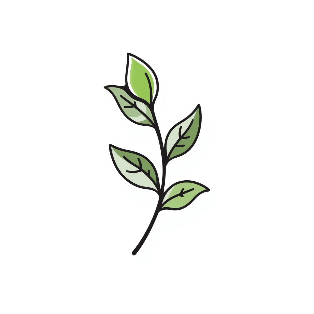 Fresh green tea buds with young leaves on a branch, hand drawn emoji