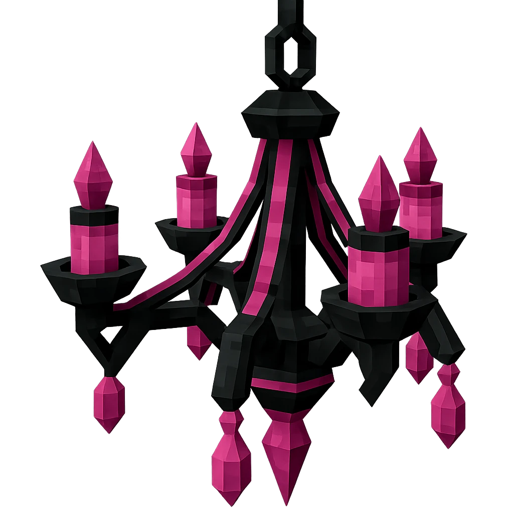 BLACKPINK-inspired gothic chandelier, faceted and dramatic, black and pink, no hearts, low poly 3D style emoji