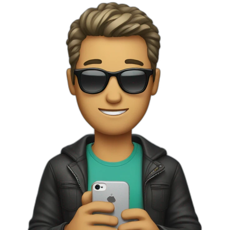 A guy with short hair and sunglasses holds a cell phone in his hand emoji