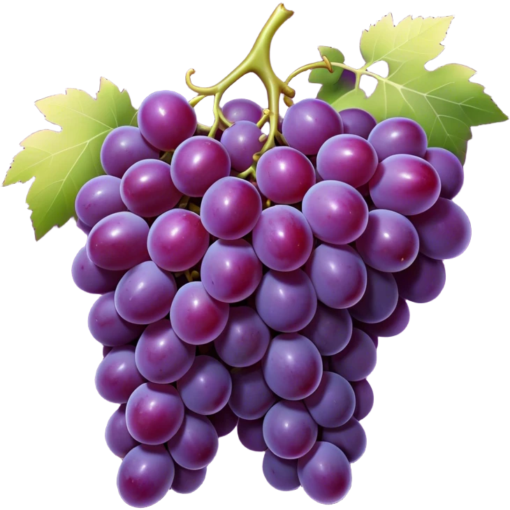 Cinematic Realistic Grapes Emoji, Clustered together in rich purple hues, with smooth, plump skins reflecting light in a glossy, delicate sheen. The stems curve slightly, holding the clusters together like a sweet, natural treasure. Soft glowing outline, capturing the essence of natural sweetness and richness in a bunch of ripe grapes! emoji