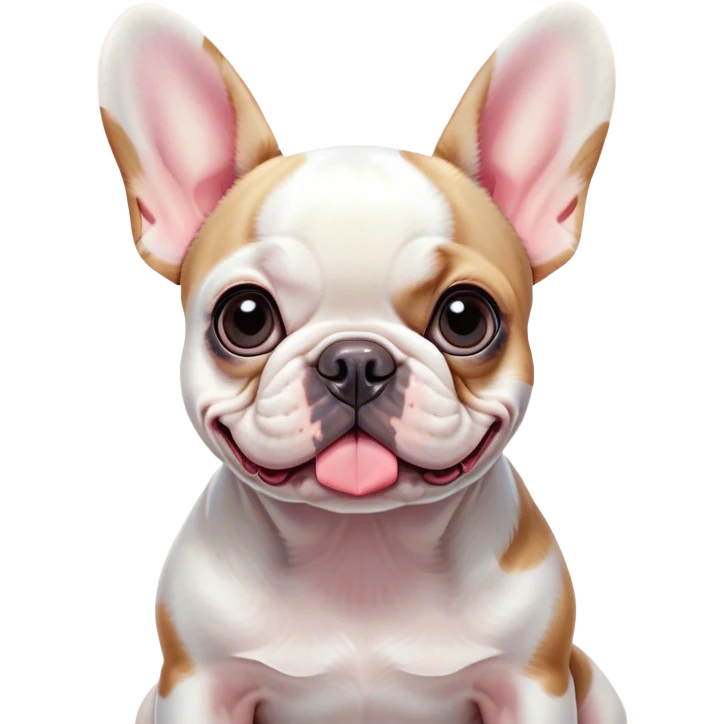Cinematic Cute Pied French Bulldog Portrait Emoji, Head tilted with a sweet, mischievous grin and large, inviting eyes, featuring a unique pied fur of contrasting colors, simplified yet irresistibly endearing, highly detailed, glowing with a warm, playful radiance, high shine, exuding a quirky charm and affectionate personality, styled with a soft, lighthearted outline, capturing the essence of a cute Pied French Bulldog that looks ready to charm its way into your heart! emoji