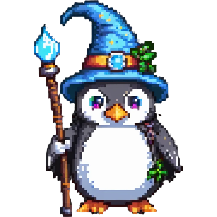 penguin wizard with staff and hat emoji