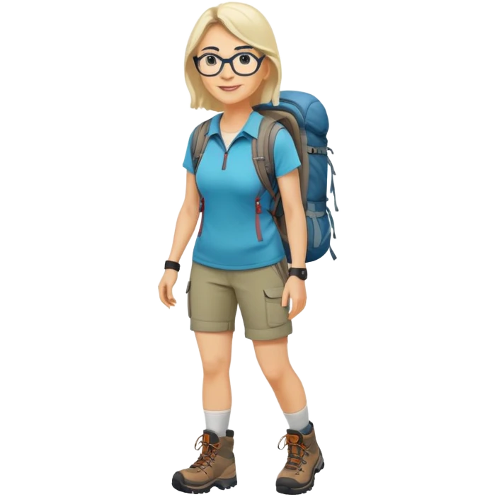 Woman in her 40s with glasses wearing sporty outfit, hiking boots, and backpack looking happy and curious emoji