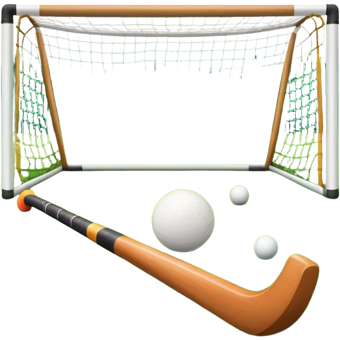 field hockey stick and ball on green grass field with goalposts in background emoji