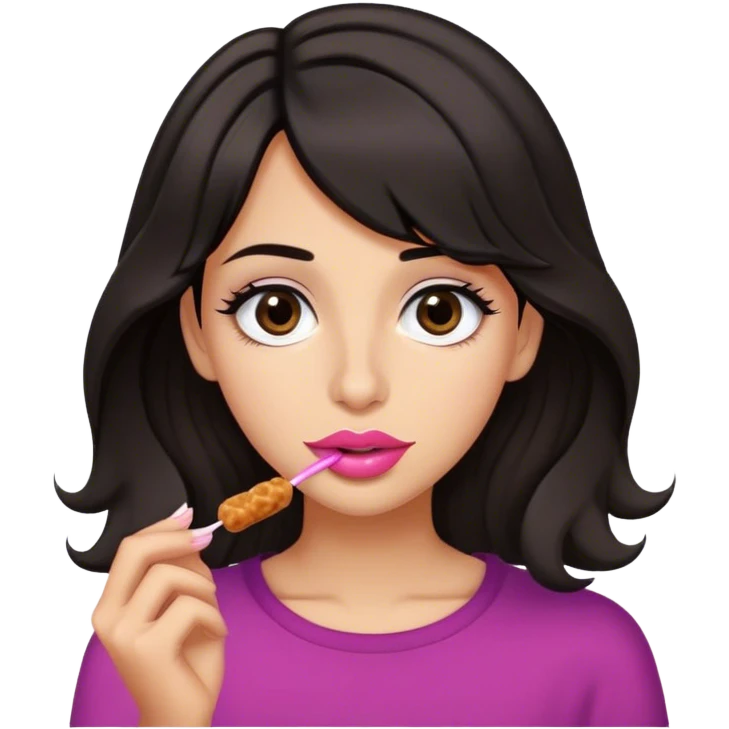 make a slightly tan girl with wavy black hair medium length. Medium small pink lips, dark brown eyes with long eyelashes. and a thin straight down long nose. Make her eating takis emoji