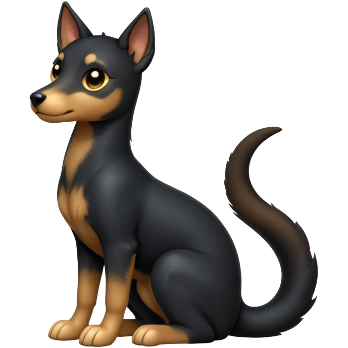 cinematic-[kelpie]-realistic-full-body-sitting-emoji,-tail-resting-loosely-beside-its-paws,-head-tilted-dramatically, -sleek-[Black and tan]-fur,-simplified-yet-realistic-focused-features,-highly-detailed,-glowing-with-an-almost-sarcastic-glow emoji