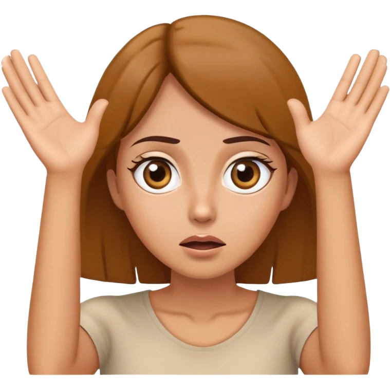 Woman with wide eyes and confused expression, hands raised by face emoji
