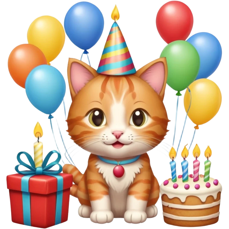 Ginger tabby kitten celebrates birthday, birthday hat, birthday cake, one candle, balloons, happy, gifts emoji