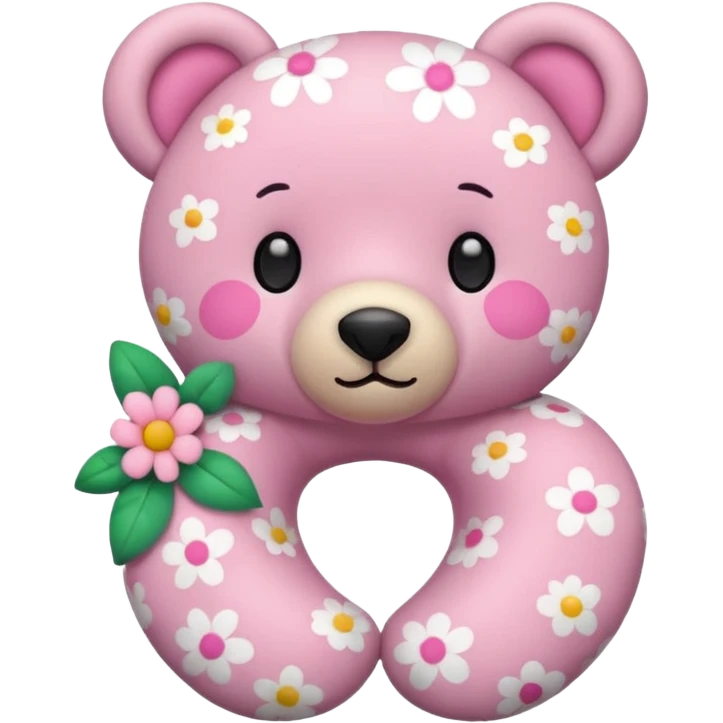 pink teddy bear wearing a flower-patterned neck pillow, iPhone emoji style, cute and simple emoji